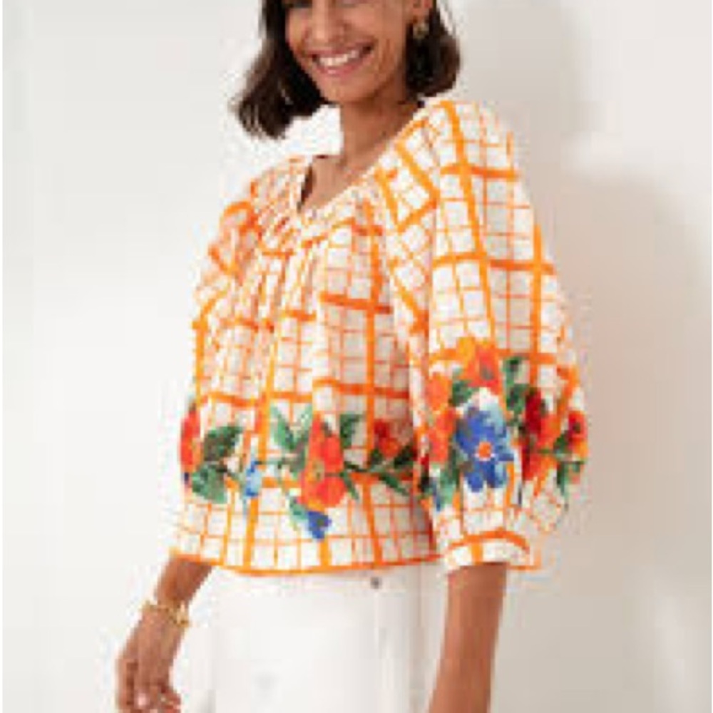 RHODE White and Orange Grid Floral Peasant Blouse